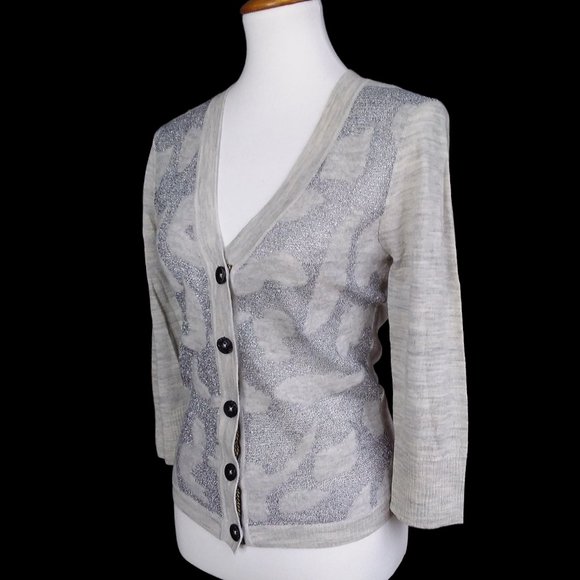 NWT BKE Boutique 93% Wool Cardigan Sweater Size L Gray Silver Metallic Thin Knit - Picture 6 of 9